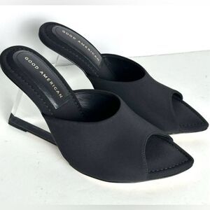 Good American Cinderella black mules,lucite heel wedge sandals NEW size 6